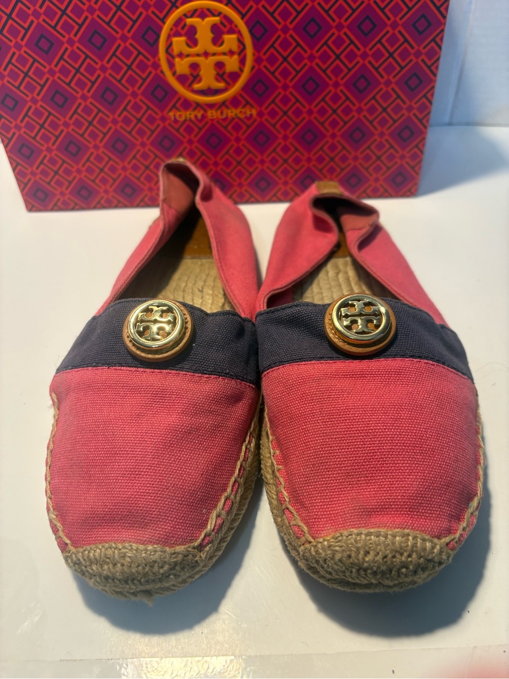 Tory Burch Coral Canvas Espadrille Flats with Navy Band and Gold Logo